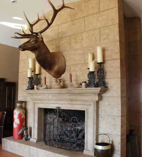 A Stag Head on a Beige Stone Fireplace