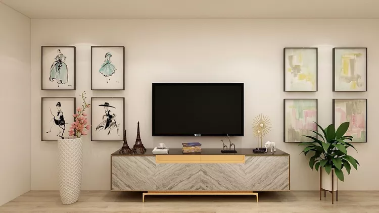 Art Gallery Style TV Unit with Framed Art on The Walls .jpeg