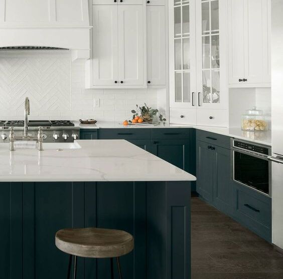 Aztec Green and White Two Toned Cabinets Kitchen