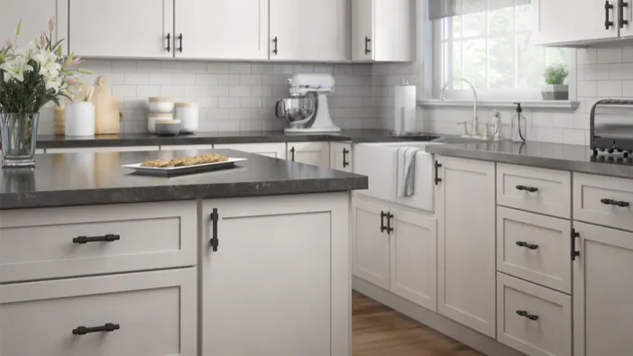 Black Hardware with White and Grey Cabinets