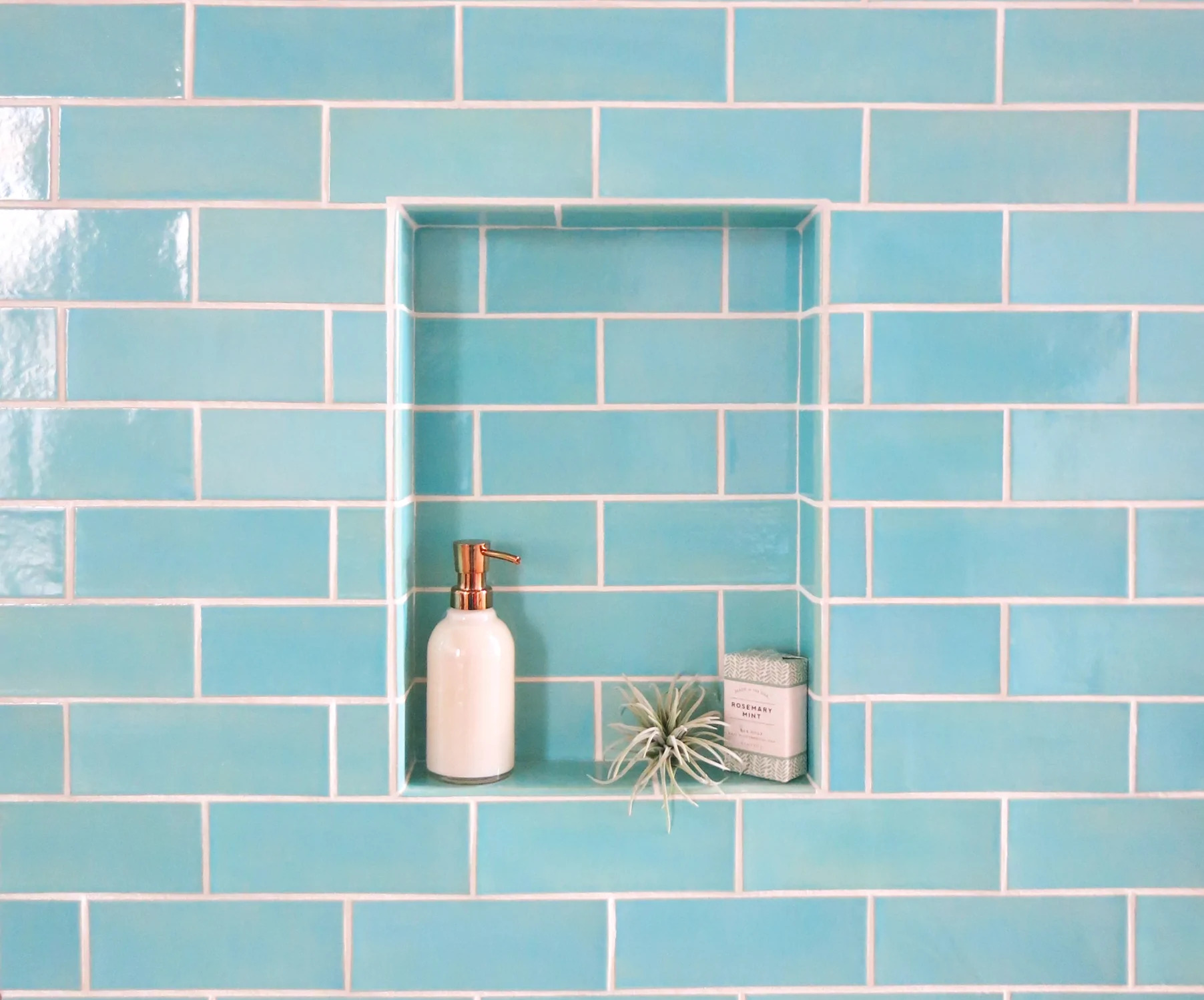 Blue Glossy Tile Shower Niche