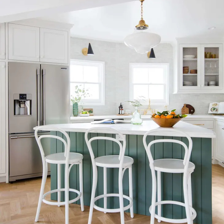 Blue Smoke and White Two Toned Cabinets Kitchen