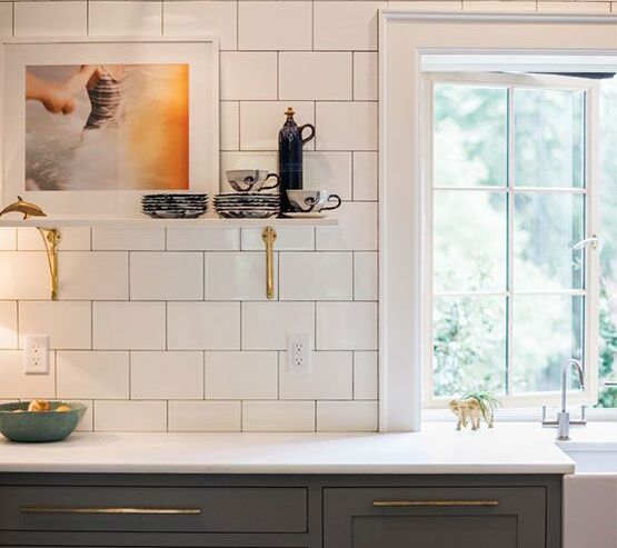 Board White Subway Tile Kitchen with Grey Cabinets