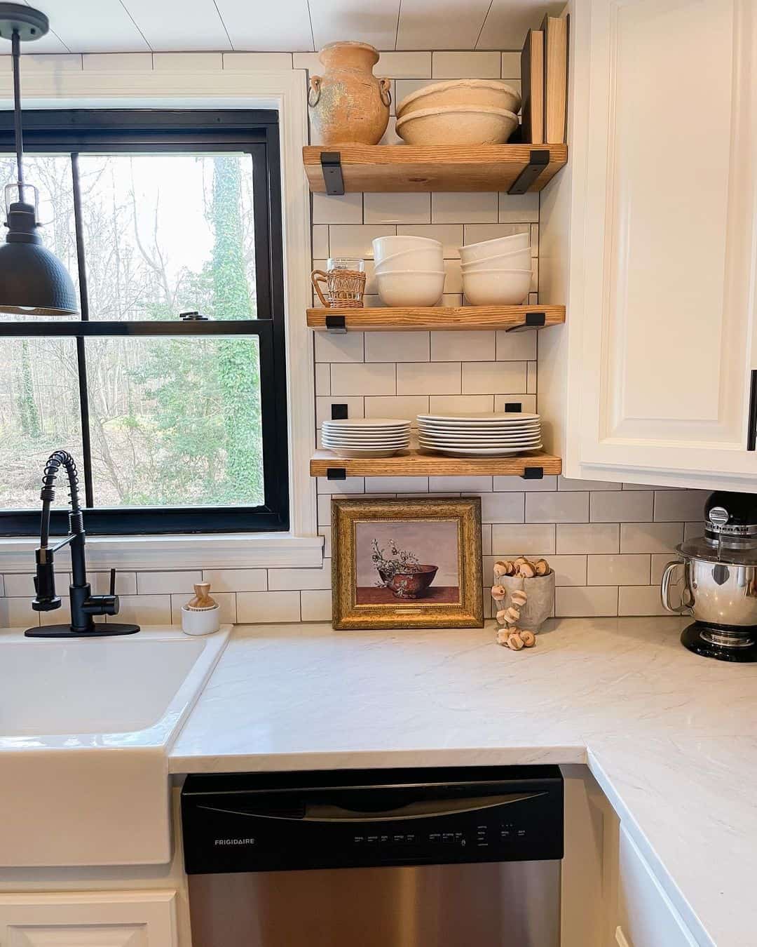 Classic Wood Shelves with a White Tile Backsplash