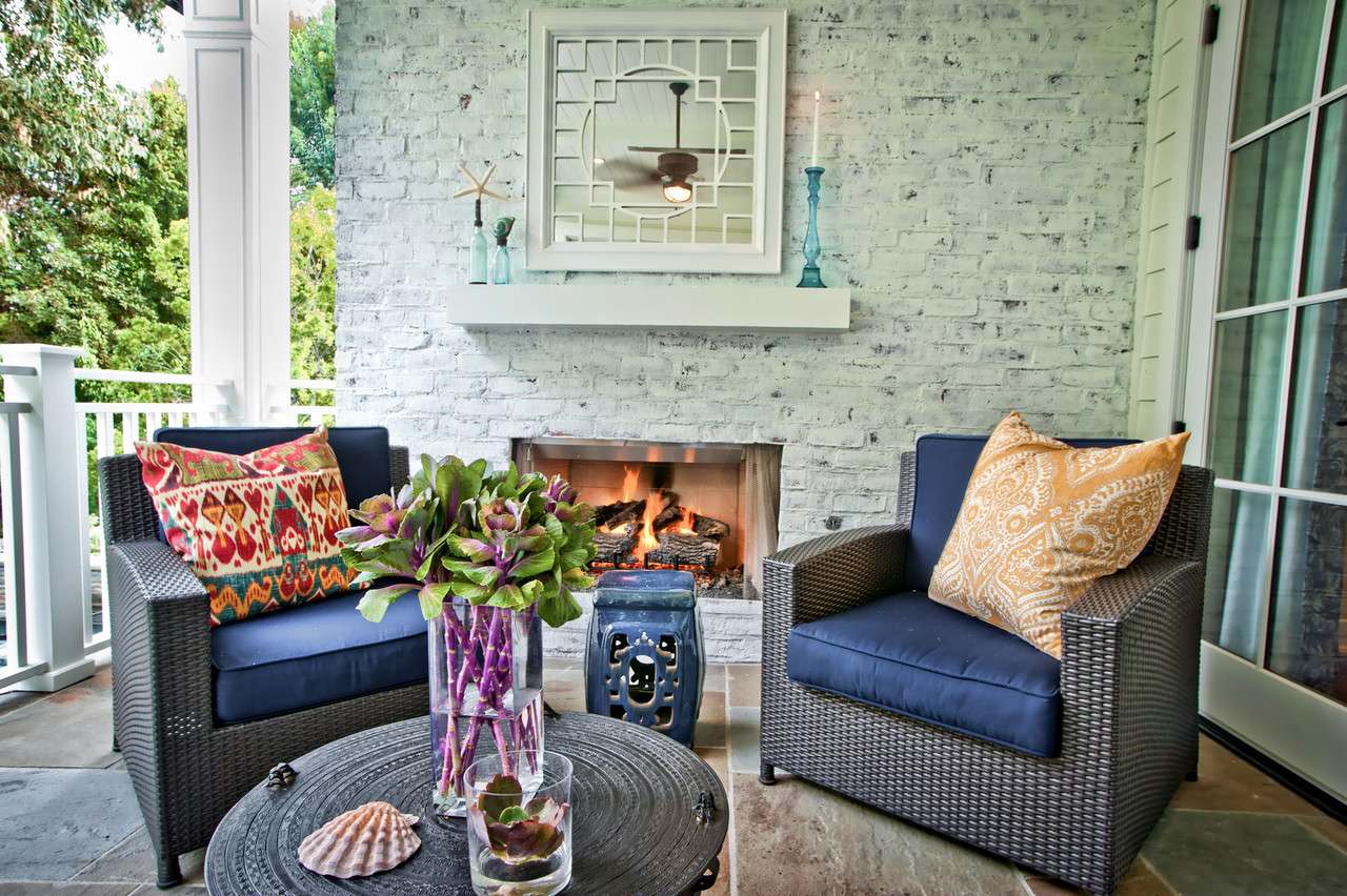 Contemporary Outdoor Limewashed Brick Fireplace