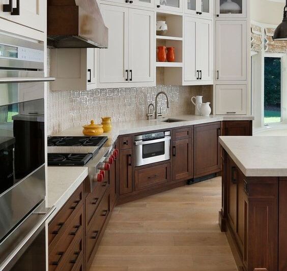 Dark Wood and White Two Tone Cabinets Kitchen