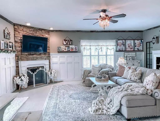 Family Room with a Whiteboard and Batten Wainscoting