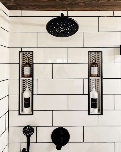 Farmhouse Shower Niche in Subway Tile Bathroom with Fun Contrast Trim