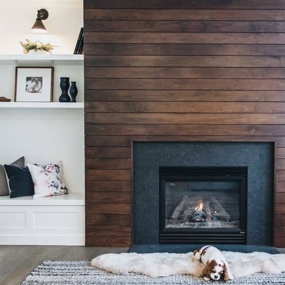 Fireplace with Wooden Shiplap Wall