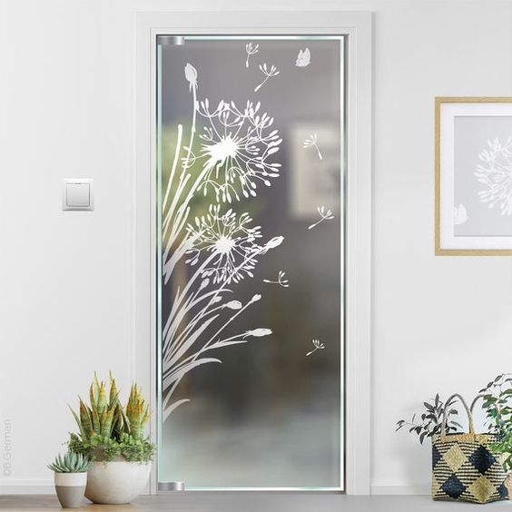 Flower-Patterned Etched Glass in Wooden Door