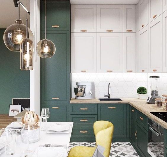 Green-Toned Grey and White Kitchen Cabinets