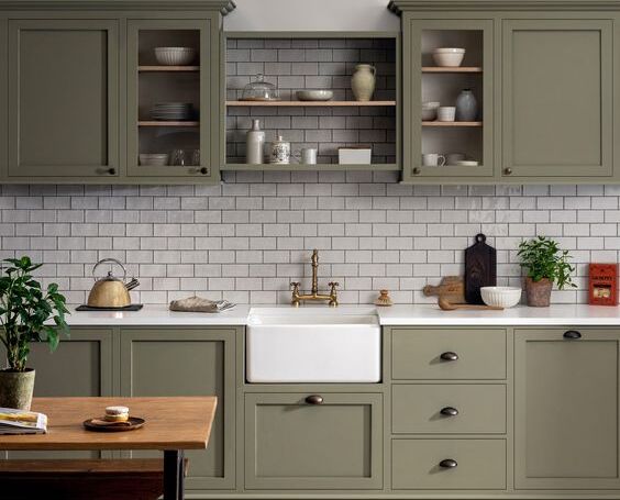 Grey and White Two Toned Cabinets Kitchen with Subway Tiles