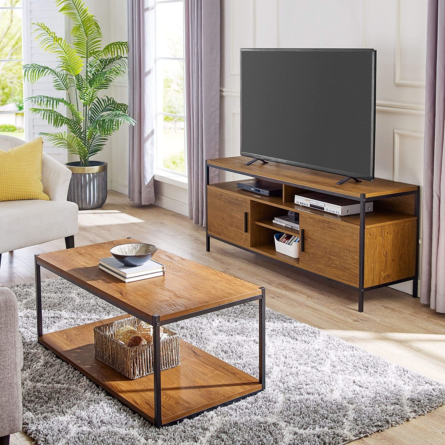 Industrial Style Iron and Wood TV Stand with Minimal Decor