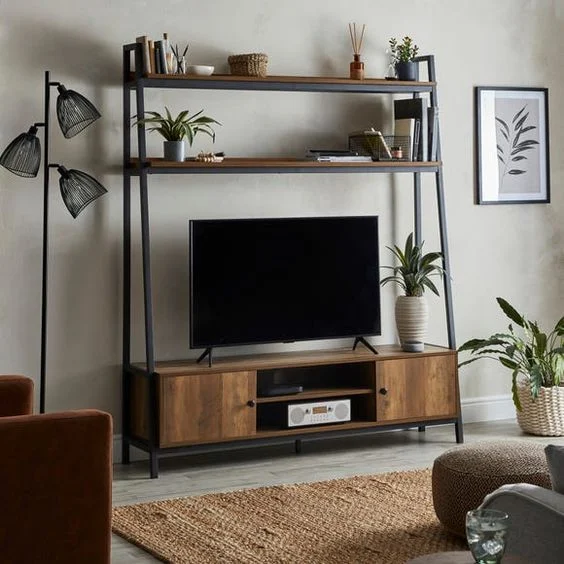 Ladder Shelf TV Stand with Wooden Cupboards for Storage