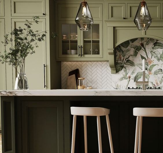 Marshland Deep Green and Light Gray Green Kitchen Cabinet