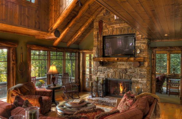 Mountain Cabin Fireplace Wall with TV