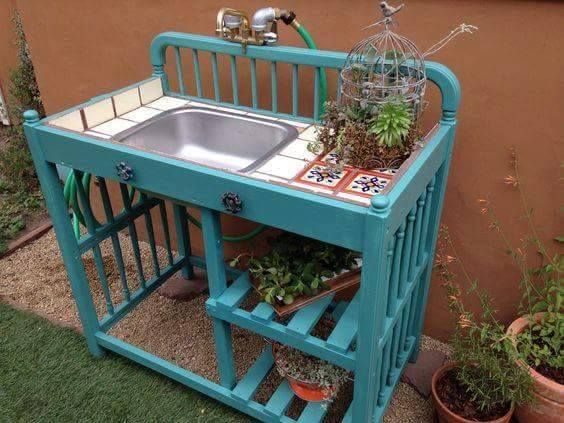 Old Crib Into Outdoor Plant Holder and Sink