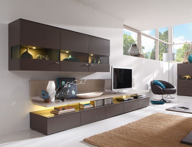 Opulent Long TV Unit with Added Wall-Mount Shelves with Recessed Lights