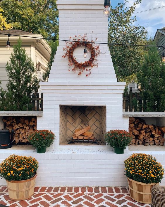 Outdoor Patio Limewash Brick fireplace