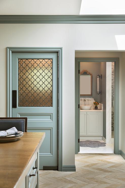 Quatrefoil Frosted Glass In a Transitional Kitchen