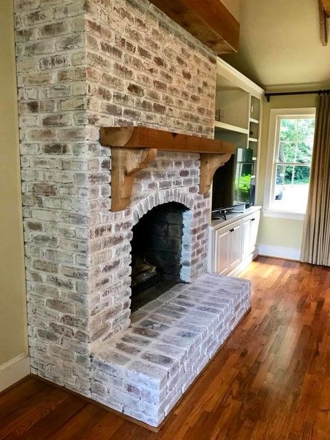Retro Finish Cozy Brick Fireplace Limewash