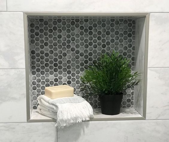 Round Penny Tile Shower Niche