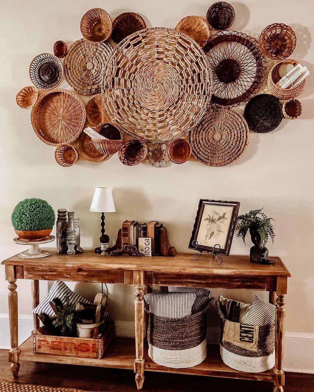 Rustic Vintage Table with Woven Baskets
