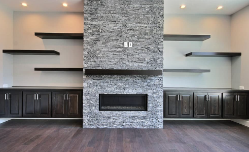 Stacked Stone Veneer Fireplace