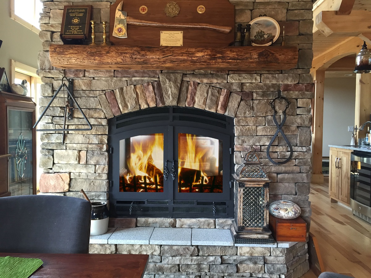 Stone and Wood Black Fireplace