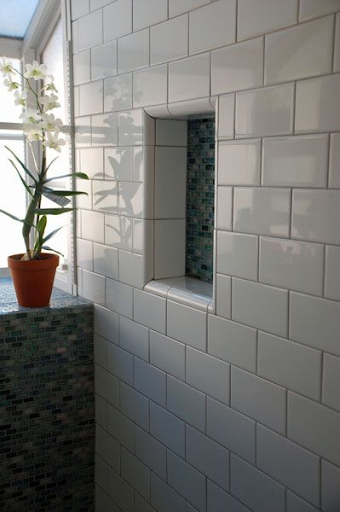 Subway Tile Shower Niche with Bullnose Trim.