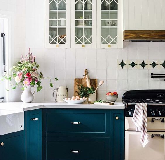 Teal and White Kitchen Cabinets