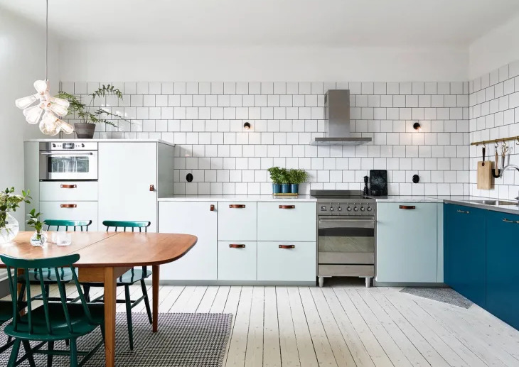 Teal or Regal Blue and White Two Toned Cabinets Kitchen