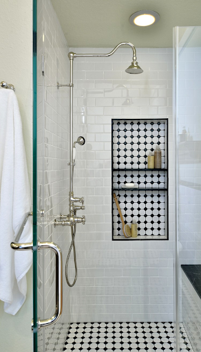 Vintage Black and White Shower Niche with Marble Trim