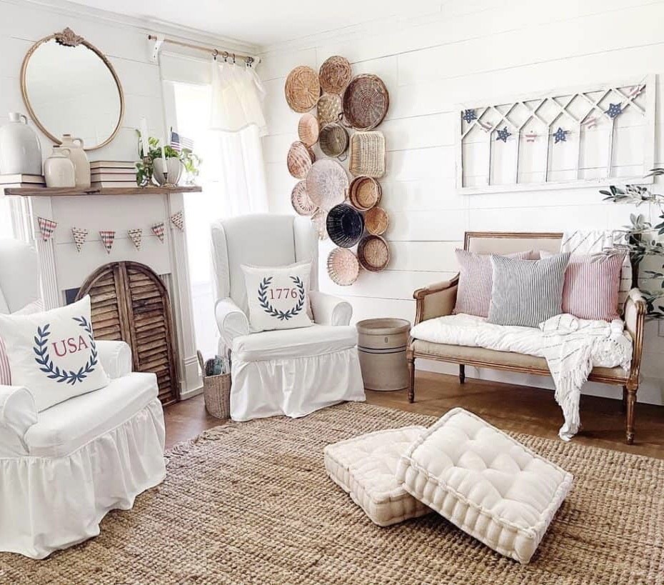 White Living Room with Creamish Poufs
