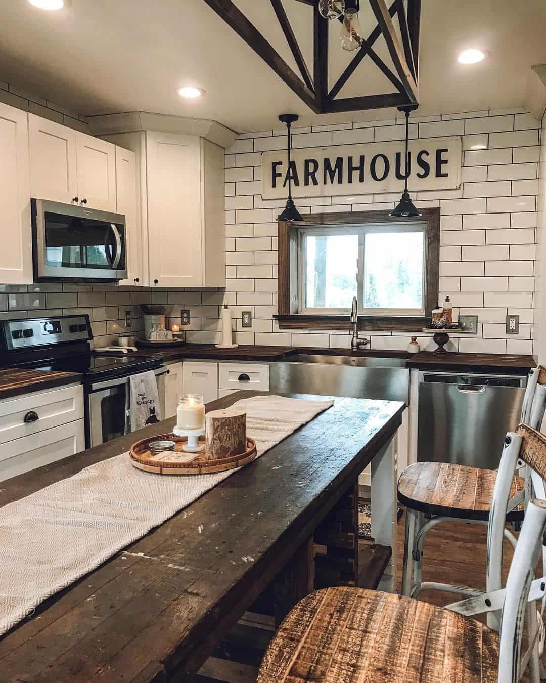 White Subway Backsplash Tiles with a Rustic Wooden Island