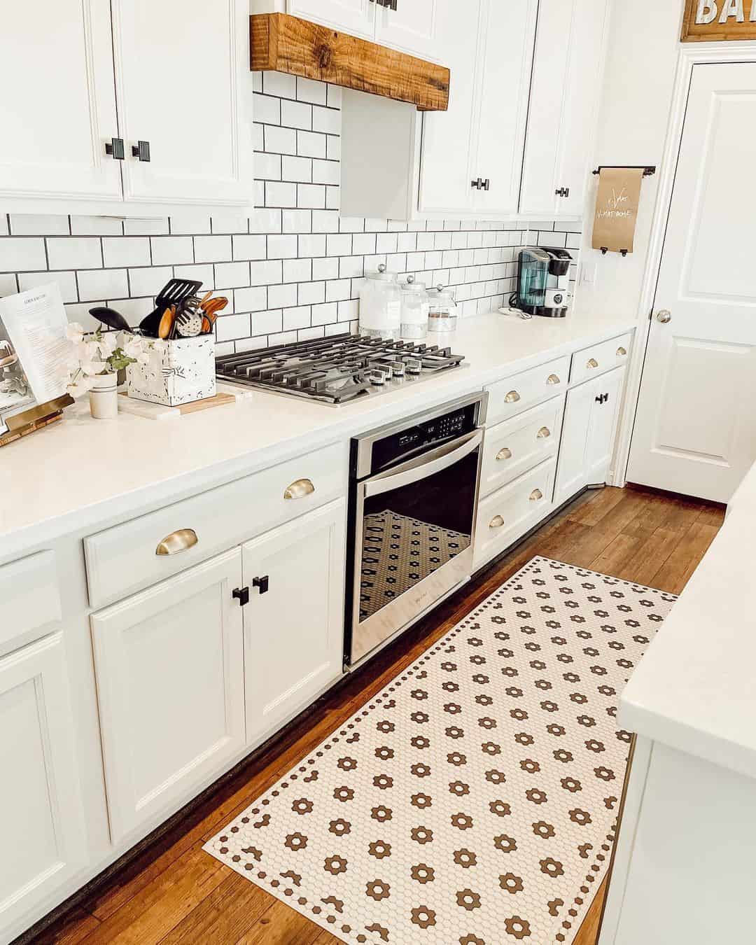 White Subway Tile Backsplash with Wood Flooring