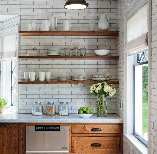 White Subway Tile Kitchen with Wooden Cabinets