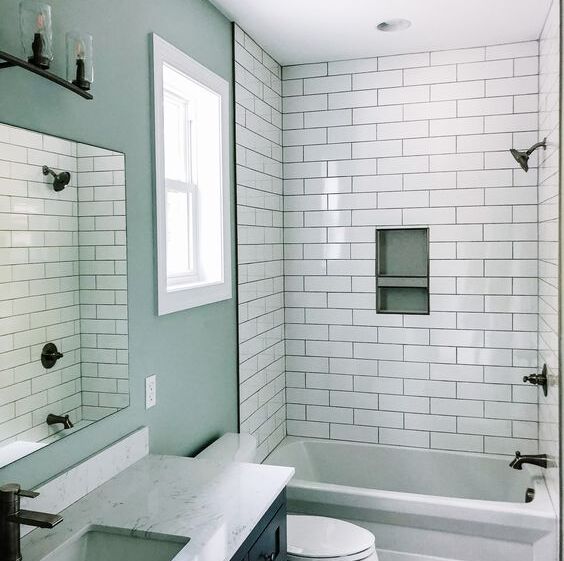 White Subway Tile and Pewter Gray Bathroom