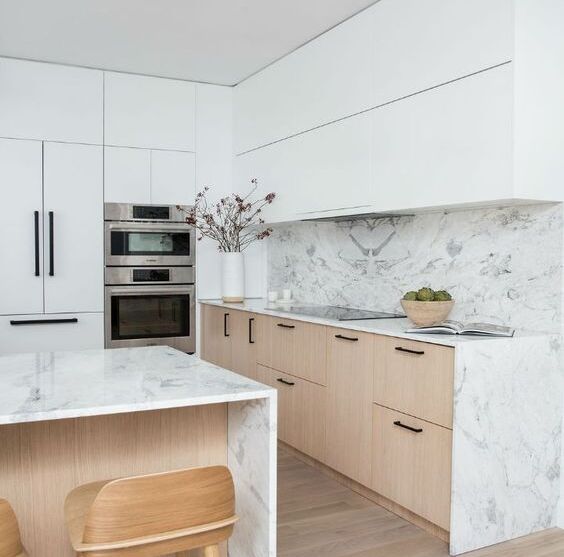 White and Light Wood Two Toned Cabinets Kitchen