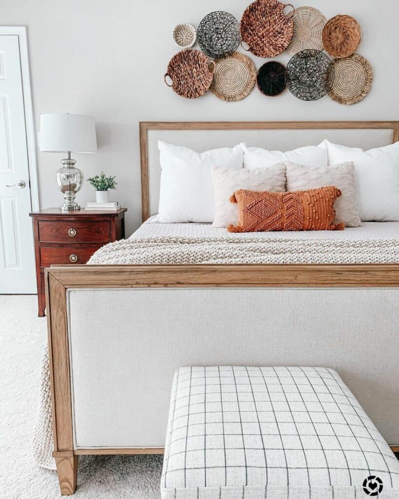 Wooden Side Table with Basket Wall Decor