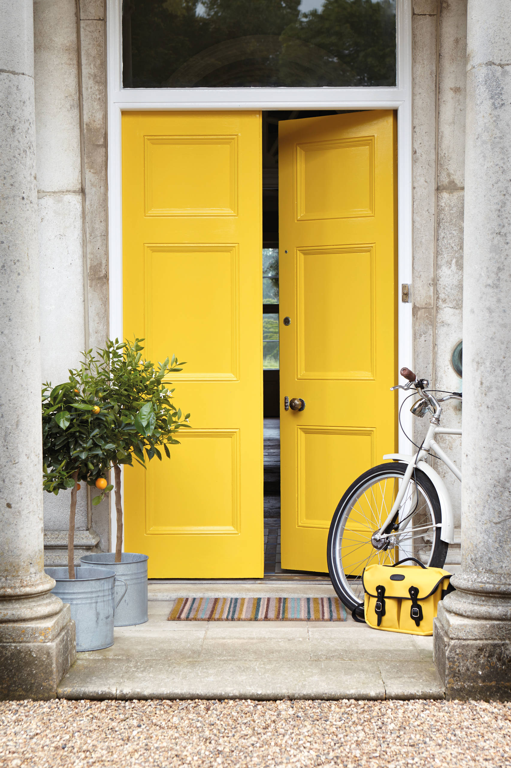 Yellow Double Entry Doors with Transom Window